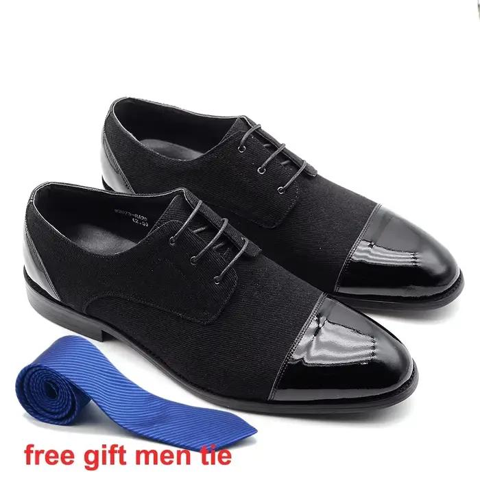 Chaussures Derby noires de luxe pour hommes, chaussures en Denim en cuir verni, bout à lacets, costu