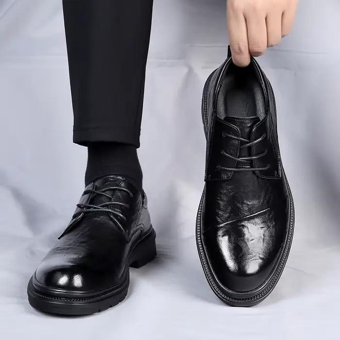 Chaussures derby à lacets pour hommes, couleur unie, bout rond, talon bas, antidérapantes, style bri