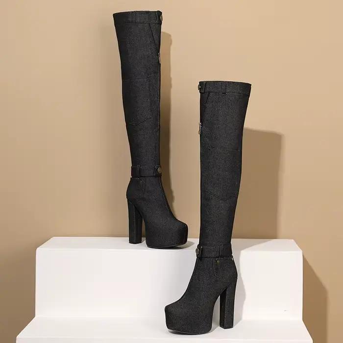 Bottes en denim à plateforme ultra-haute, mini sacs, talons optiques, boucles de rinçage, poignets d
