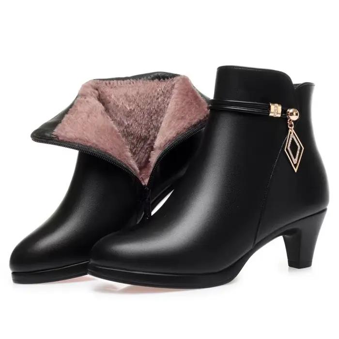 Chaussures d'hiver confortables en cuir souple, bottes à plateforme, élégantes, bloc noir, talons ha