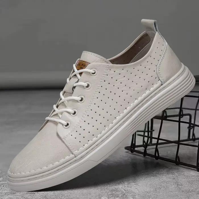Chaussures d'été respirantes en cuir véritable pour hommes, chaussures de Jogging décontractées blan