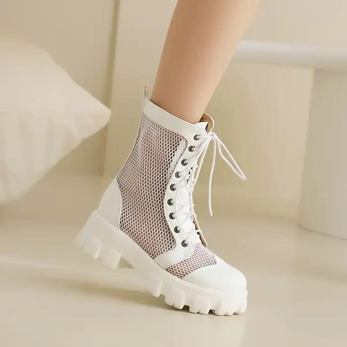 Bottes courtes respirantes à talons plats et semelle épaisse, chaussures hautes en maille avec lacet