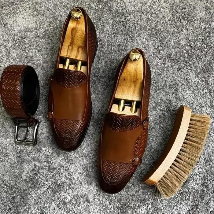 Hommes mocassins chaussures marron noir Pu respirant Double boucle moine chaussures Mocassins Cuir P