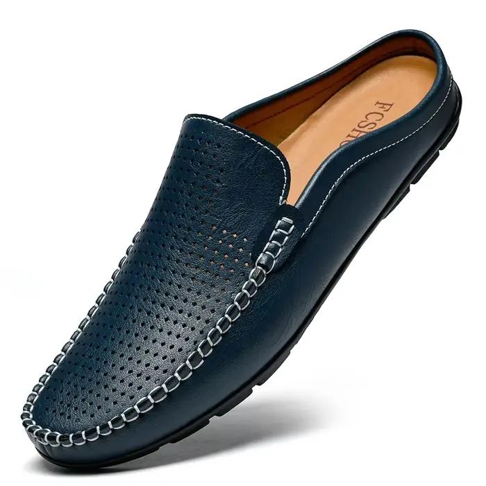 Demi-chaussures d'été pour hommes, Mules en cuir perforé, pantoufles décontractées à enfiler, mocass