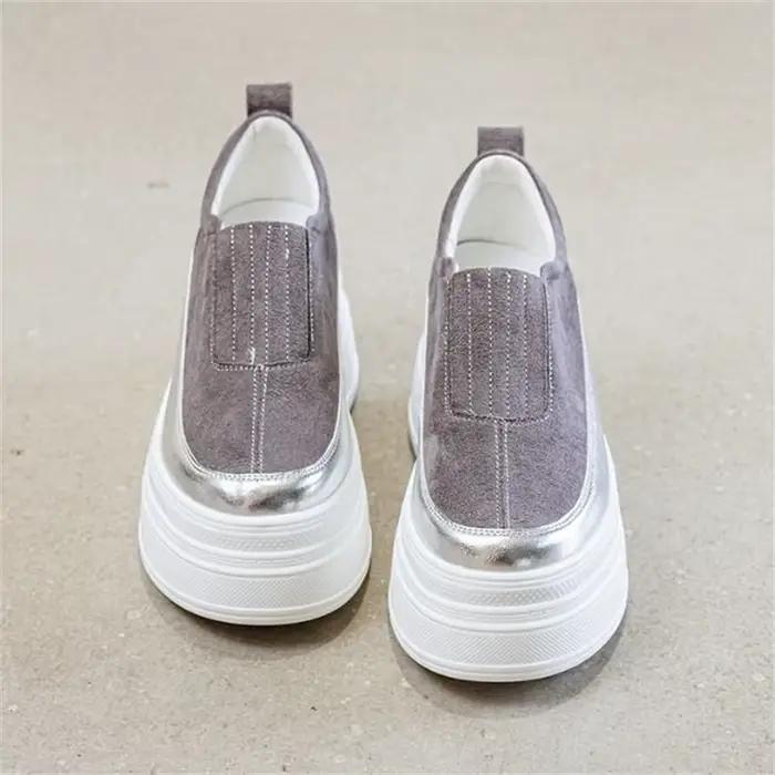 Chaussures à semelles compensées en cuir véritable, baskets épaisses à tête ronde de couleur unie, m