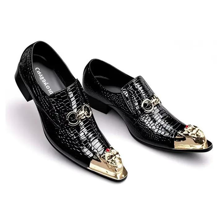 Chaussures en cuir véritable gaufré pour hommes, chaussures pointues tête de dragon, noir, salle, fê