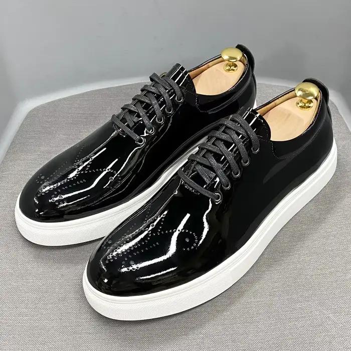 Chaussures Oxford en cuir verni noir pour hommes, décontractées, respirantes, à lacets, de luxe, pou