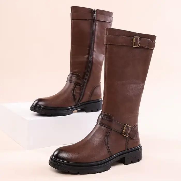 Bottes hautes britanniques en cuir noir pour hommes, bottes de moto de styliste, bottes de travail d