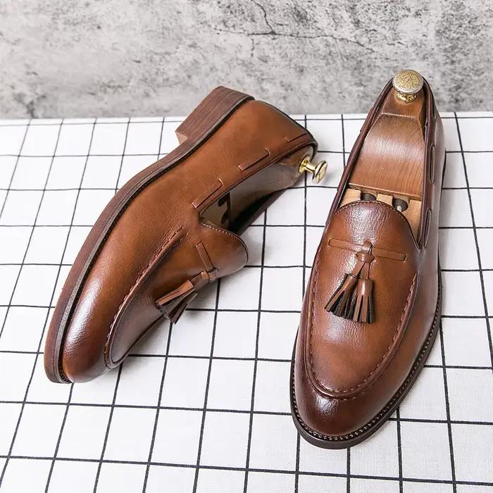 Chaussures en cuir pointues pour hommes, chaussures de mariage décontractées, frange Bullock, semell