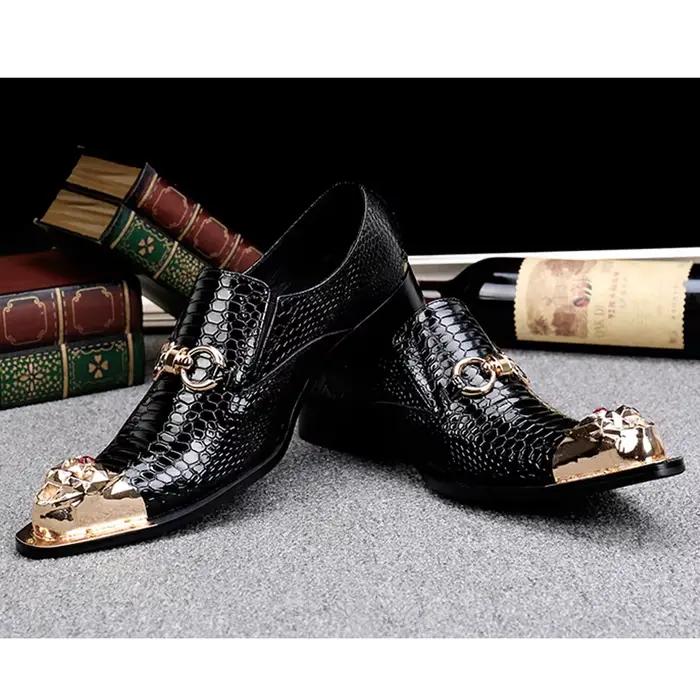 Chaussures en cuir véritable gaufré pour hommes, chaussures pointues tête de dragon, noir, salle, fê