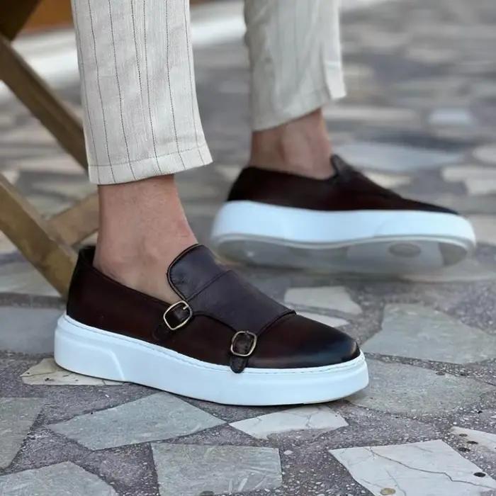 Chaussures de sport à enfiler faites à la main pour hommes, baskets à double structure, noir, marron