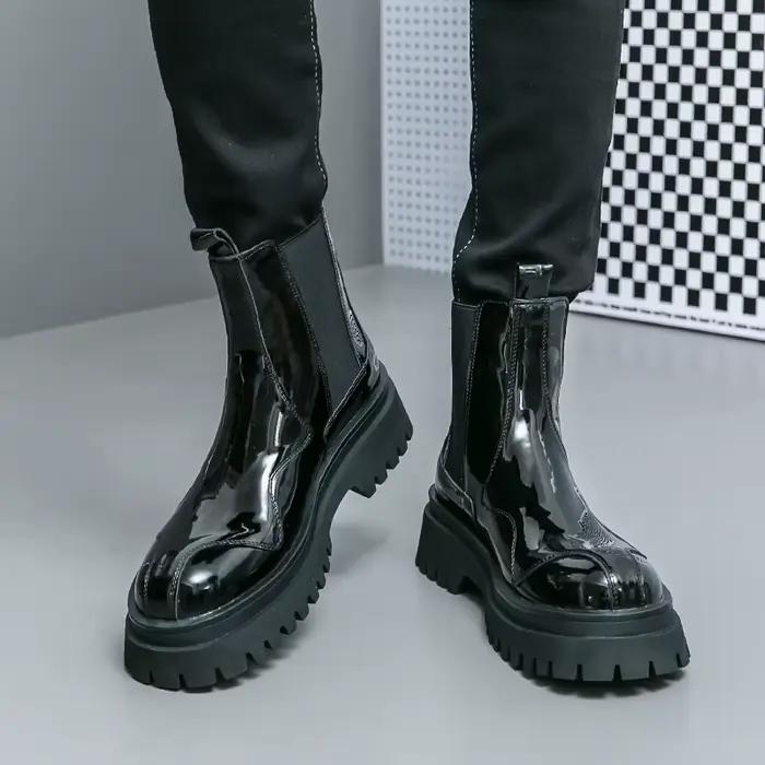 Bottes Chelsea en cuir verni vert foncé pour hommes, panneaux latéraux élastiques, semelle épaisse p