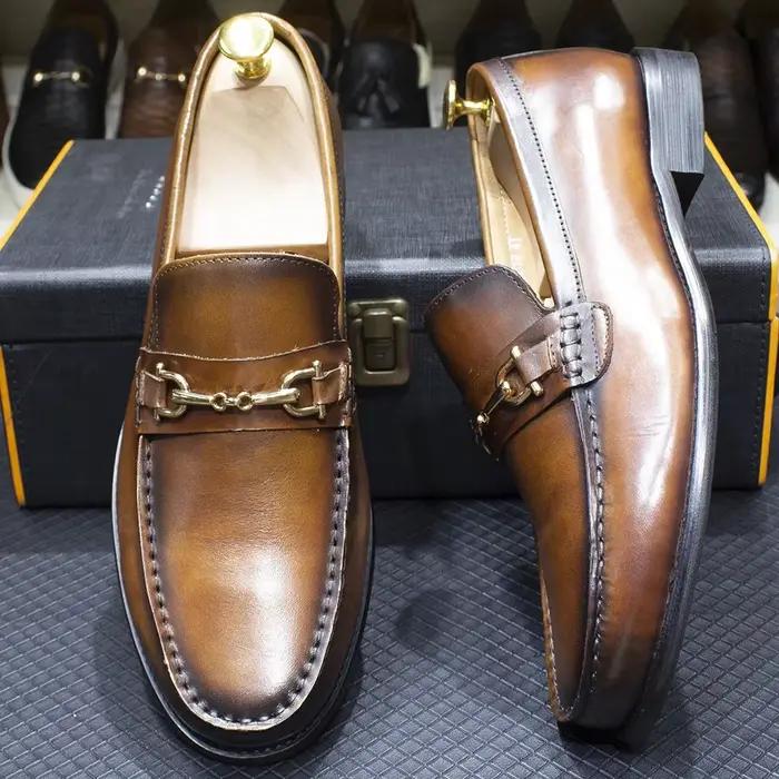 Mocassins en métal de style italien classique pour hommes, cuir véritable, chaussures provoqué à enf