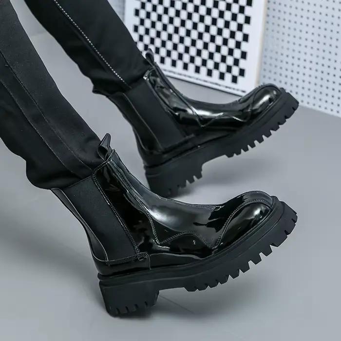 Bottes Chelsea en cuir verni vert foncé pour hommes, panneaux latéraux élastiques, semelle épaisse p