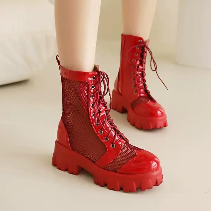 Bottes courtes respirantes à talons plats et semelle épaisse, chaussures hautes en maille avec lacet