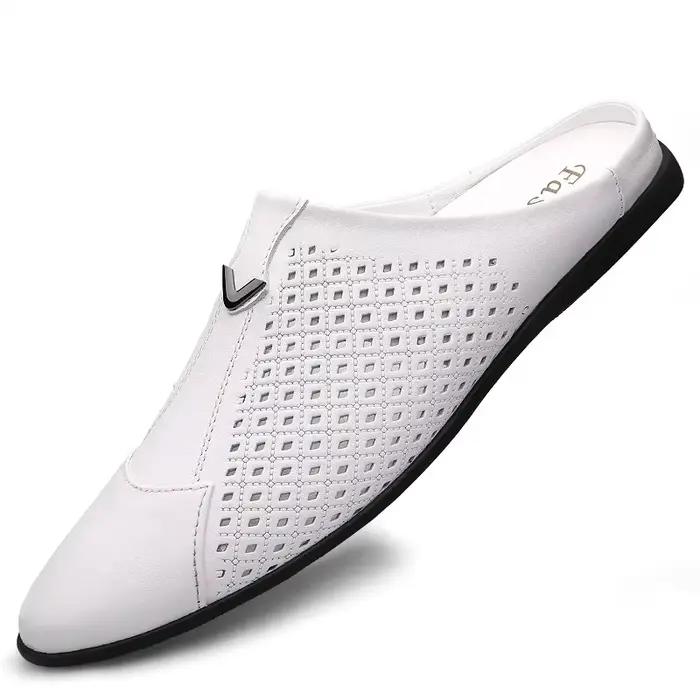 Mocassins d'été en cuir pour hommes, chaussures de conduite, mules, tennis, blanc, 2024