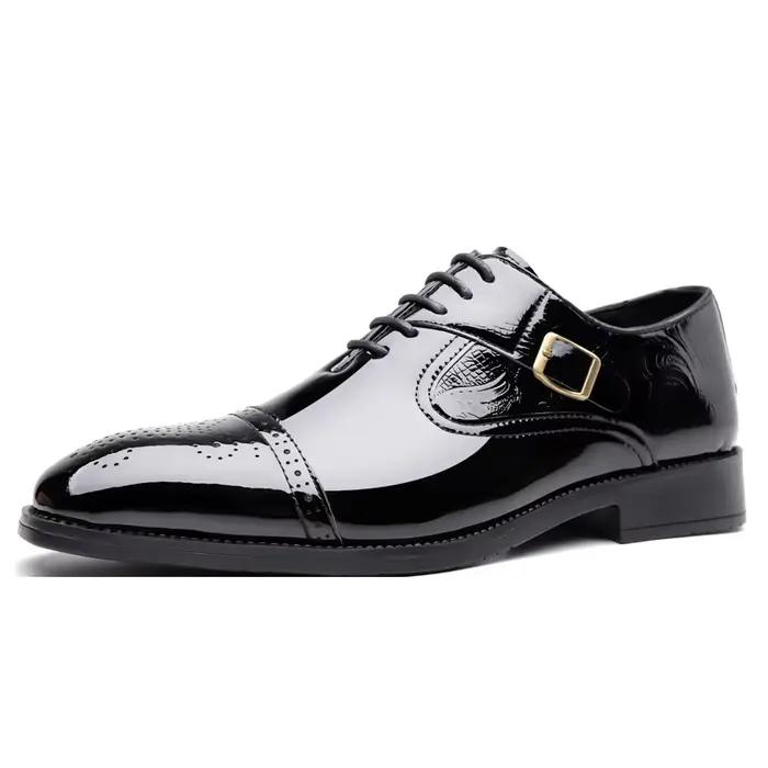 Chaussures habillées en cuir verni bordeaux pour hommes, à enfiler, avec boucle décorative, pour aff