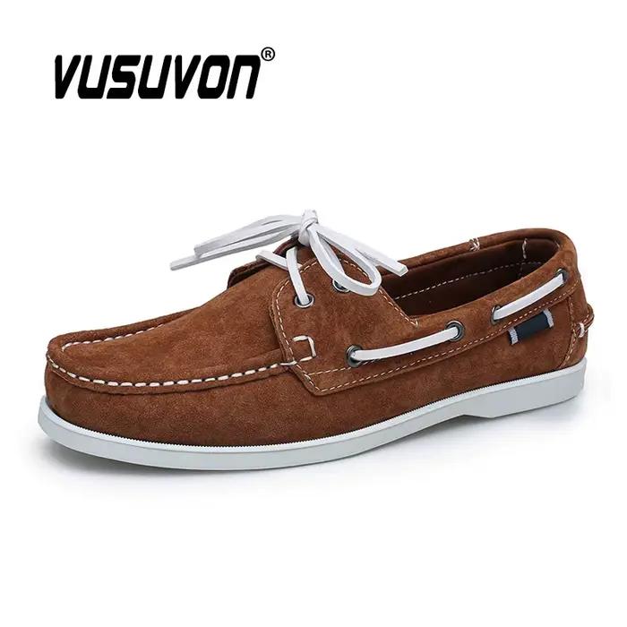 Chaussures bateau pour hommes en cuir véritable et daim de vache, à séchage rapide, à lacets, style 