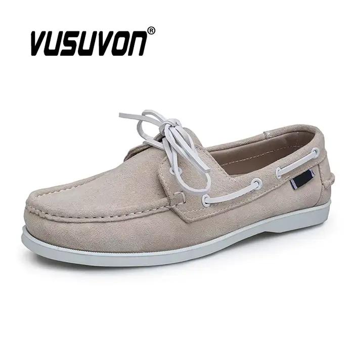 Chaussures bateau pour hommes en cuir véritable et daim de vache, à séchage rapide, à lacets, style 