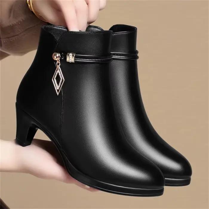 Chaussures d'hiver confortables en cuir souple, bottes à plateforme, élégantes, bloc noir, talons ha