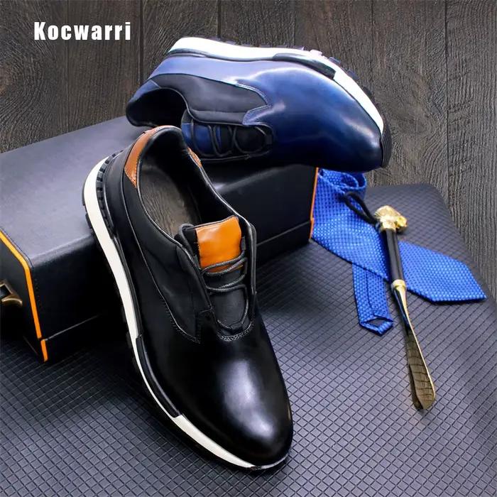 Chaussures en cuir véritable faites à la main pour hommes, baskets confortables, lisses, décontracté