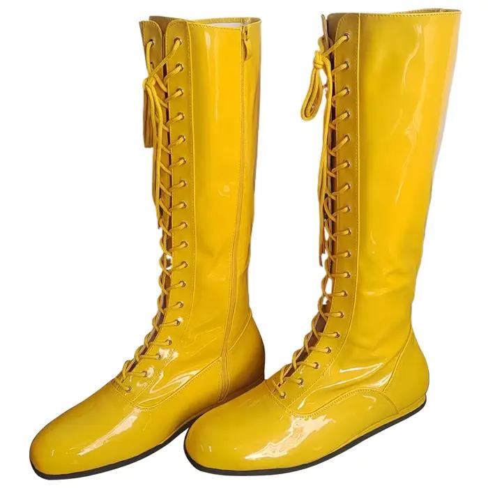 Bottes de lutte Hogan jaunes et noires, bottes de lutte en cuir à lacets, bottes de costume de lutte