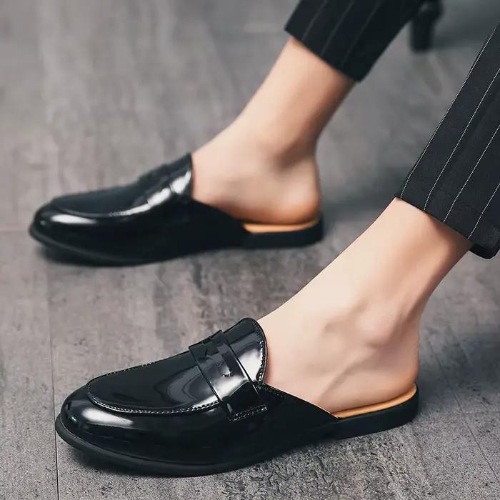 Mocassins Penny Loafers Homme Tendance Noir et Blanc en Cuir Verni Décontractés Respirants à Enfiler