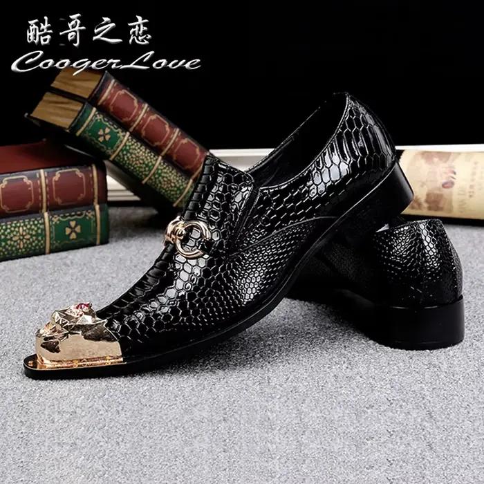 Chaussures en cuir véritable gaufré pour hommes, chaussures pointues tête de dragon, noir, salle, fê