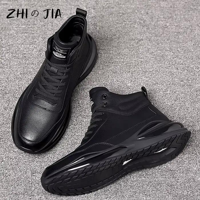 Chaussures décontractées en cuir véritable pour hommes, chaussures à coussin d'air, chaussures noire