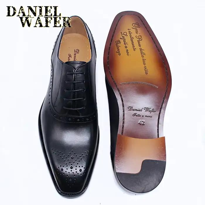Chaussures Oxford à lacets en cuir véritable pour hommes, Brogue formel, Robe de mariage et de burea