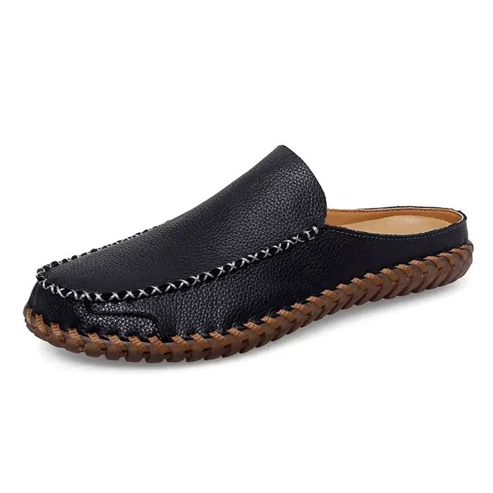 Hommes pantoufles en cuir véritable mocassins en plein air antidérapant noir diapositives décontract