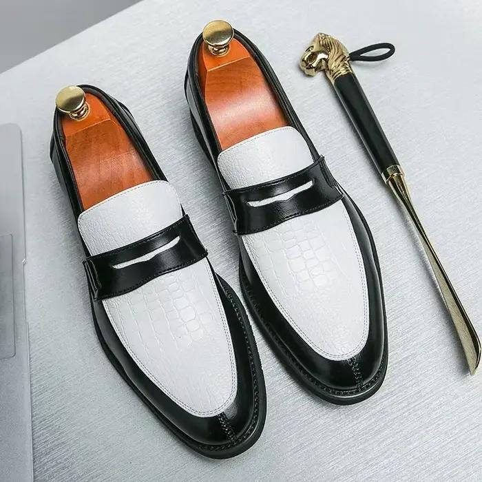 Mocassins de fête pour hommes, couleurs mélangées, chaussures d'affaires en cuir noir et blanc, prod