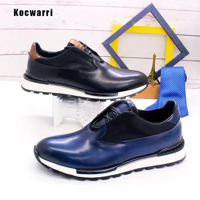 Chaussures en cuir véritable faites à la main pour hommes, baskets confortables, lisses, décontracté