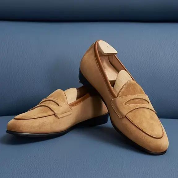 Mocassins en cuir véritable suédé marron beige pour hommes, chaussures décontractées rétro à enfiler