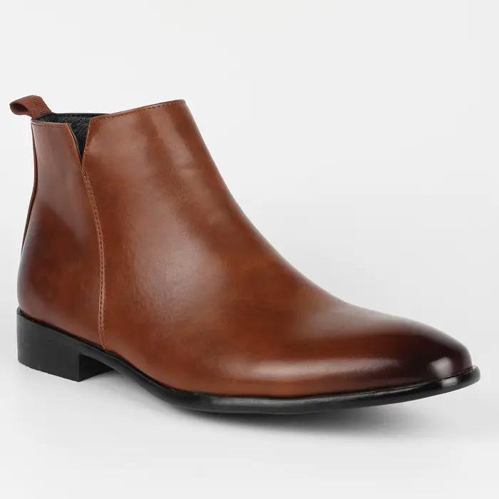 Bottines à talons hauts en cuir véritable pour hommes, chaussures à bout pointu, à la mode, avec fer