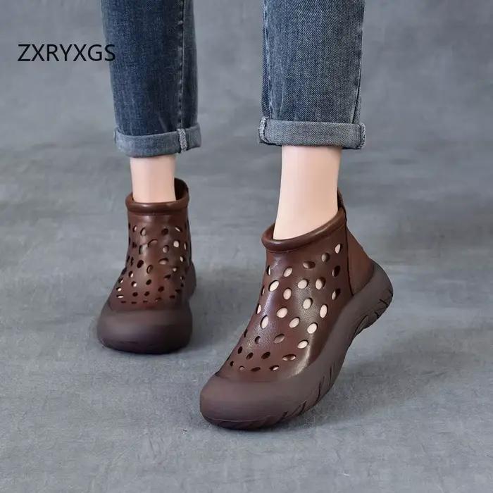 ZXRYXGS Premium bottes creuses en cuir véritable sandales respirantes 2025 Style rétro bottes d'été 