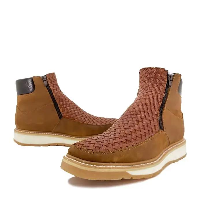 Bottes Chelsea en cuir tressé marron pour homme, fermeture éclair latérale, panneau contrastant en n