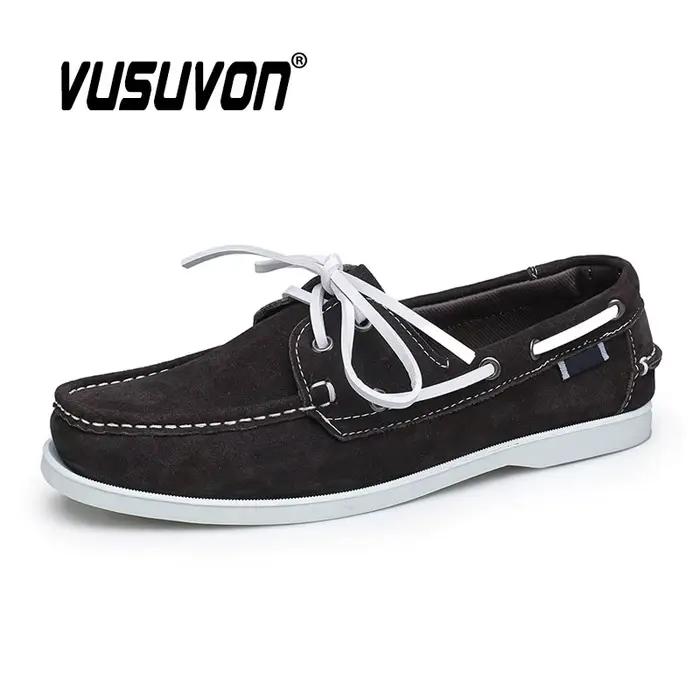 Chaussures bateau pour hommes en cuir véritable et daim de vache, à séchage rapide, à lacets, style 