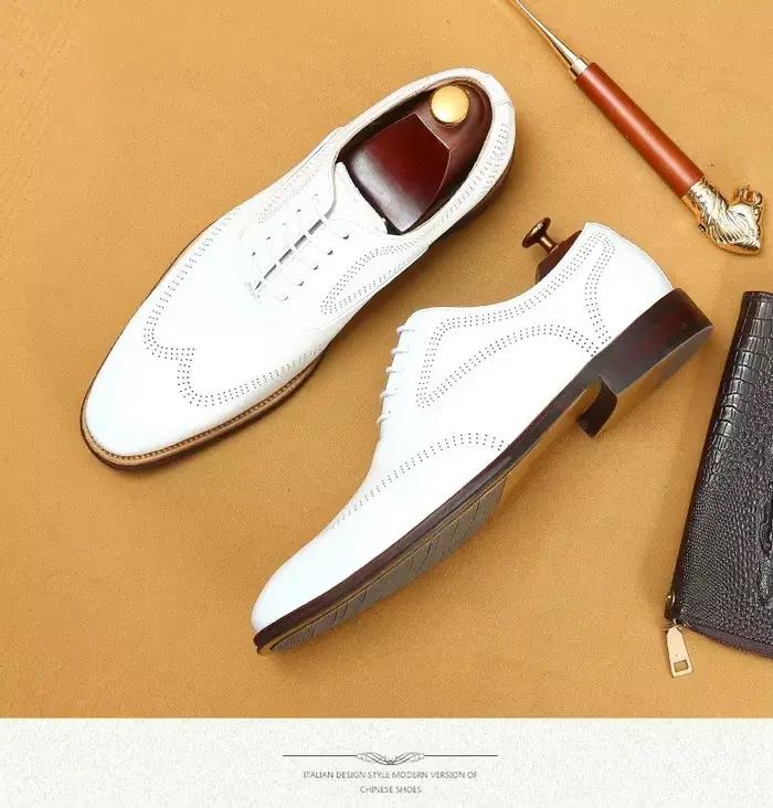 Chaussures Richelieu de luxe à bout brogue pour hommes, grandes tailles 37-46, en cuir blanc, chauss