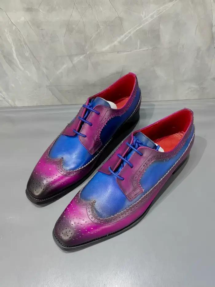 Chaussures en cuir à bout carré patchwork bleu violet pour hommes, chaussures derby décontractées te