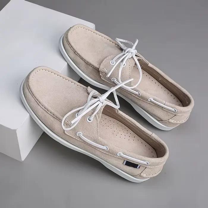 Chaussures bateau pour hommes en cuir véritable et daim de vache, à séchage rapide, à lacets, style 