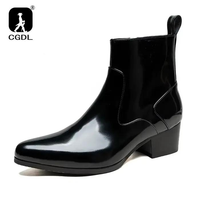 Bottes à plateforme en cuir verni pour hommes avec talons, chaussures chaudes d'hiver de luxe en cui