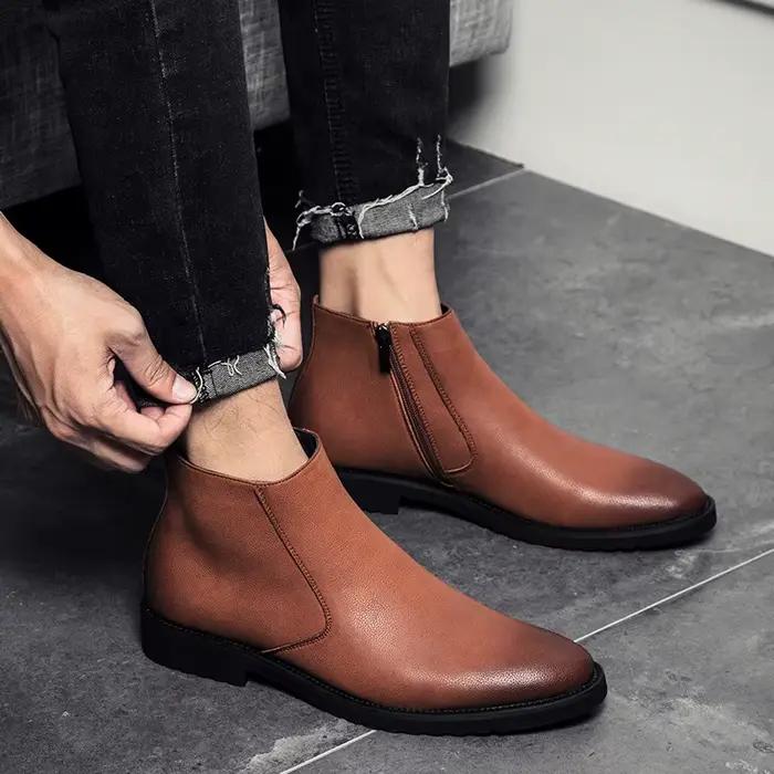 Bottines Chelsea en cuir souple pour hommes, bottines de Style britannique, chaussures de marque noi