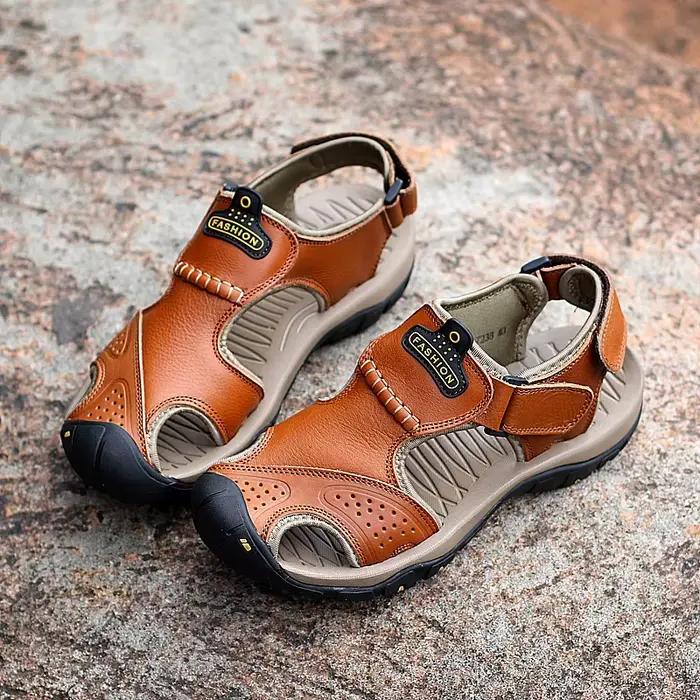 Sandales en cuir véritable pour hommes, chaussures d'extérieur, de plage, grande taille 38-48, panto