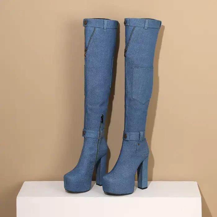 Bottes en denim à plateforme ultra-haute, mini sacs, talons optiques, boucles de rinçage, poignets d