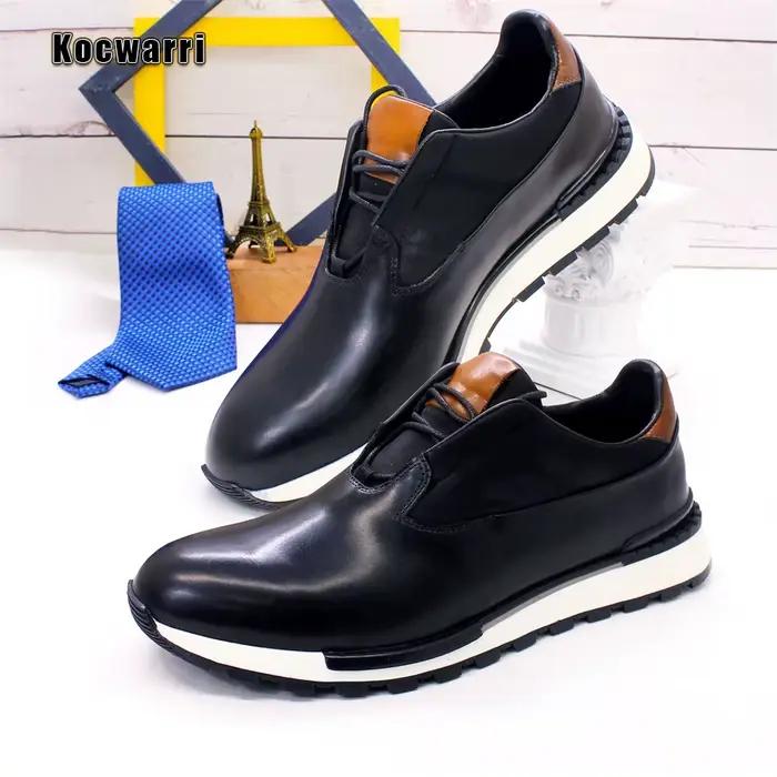 Chaussures en cuir véritable faites à la main pour hommes, baskets confortables, lisses, décontracté