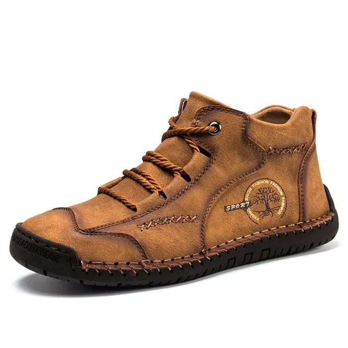 Bottes en cuir cousues à la main pour hommes, chaussures décontractées, automne, cuir verni rétro, b