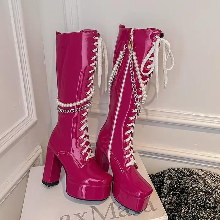 Bottes de moto en cuir verni brillant, Super plate-forme, talon épais, chaîne en métal, chaîne de pe