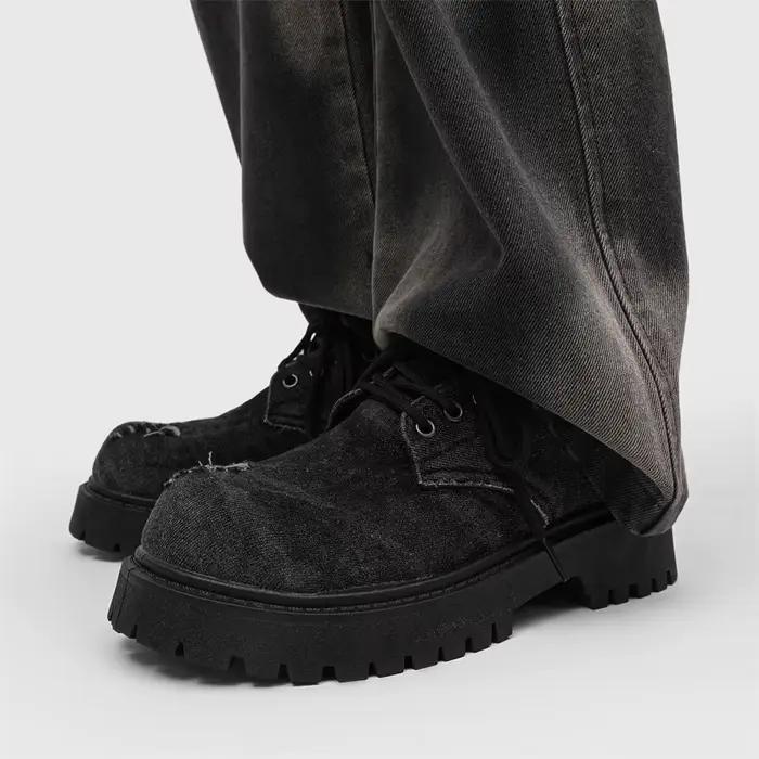 Chaussures Derby en Denim vieilli pour hommes, bottes à plateforme Grunge épaisses, bout volumineux 