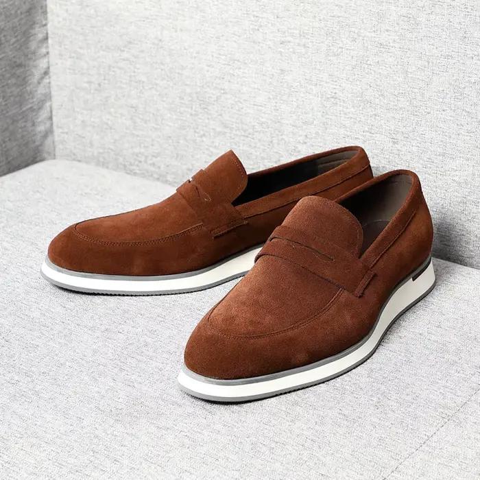 Mocassins Penny Classiques en Cuir Véritable et Daim de Vache, Chaussures Plates de Luxe Élégantes à